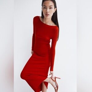 H&M Red Ribbed Long Sleeve Bodycon Midi Dress